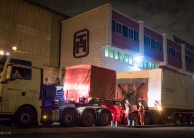 The first of three custom containers to protect the Inouye Solar Telescope Enclosure shutter sectors during transit have been transported from the Factory Assembly and Testing Factory at Tallares Hilfa in Basauri, Spain for the Port of Bilbao, Spain. Photos courtesy Pedro Ampureo, AEC-Idom. August 2014