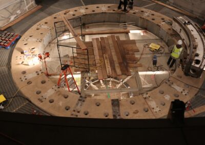 The first Coudé base section has been moved into the telescope pier. 16 December 2015; photo by Brett Simison.