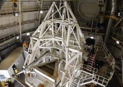 The Telescope Mount as of July 2017 showing the two recently-completed Naysmith platforms. Photo by P. Jeffers.