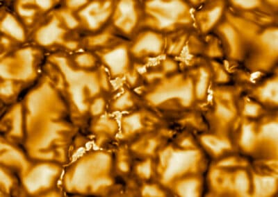 The Daniel K. Inouye Solar Telescope has produced the highest resolution image of the Sun's surface ever taken. In this picture taken at 789nm, we can see features as small as 30km (18 miles) in size for the first time ever. The image shows a pattern of turbulent, “boiling” gas that covers the entire sun. The cell-like structures – each about the size of Texas – are the signature of violent motions that transport heat from the inside of the sun to its surface. Hot solar material (plasma) rises in the bright centers of “cells,” cools off and then sinks below the surface in dark lanes in a process known as convection. In these dark lanes we can also see the tiny, bright markers of magnetic fields. Never before seen to this clarity, these bright specks are thought to channel energy up into the outer layers of the solar atmosphere called the corona. These bright spots may be at the core of why the solar corona is more than a million degrees! Image Use: The images and movies shown here are part of the facility Science Verification Phase. They are for the sole purpose of promotion and are not released for scientific use. Science Verification Phase data is proprietary to the DKIST project, and its use for publications or outreach purposes requires approval by the NSO Director, and notification to the cognizant NSF program officer. Please contact outreach@nso.edu for details and questions. The original data are still being processed and are not fully calibrated for scientific use. Images have been processed to remove noise and enhance the visibility (contrast) of small-scale (magnetic) features while maintaining their shape. The movie frames have been smoothed to remove noise. For full image use policies please visit https://nso.edu/about/image-use-policy/ Credit: NSO/AURA/NSF