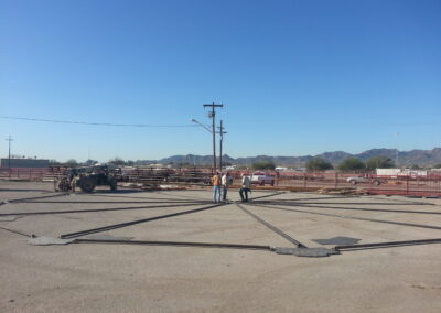 Factory inspection of the lower enclosure grade beam embedment template at Parsons Steel in Tucson, March 2013.