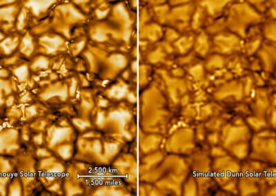 The Inouye Solar Telescope can resolve features as small as 30km on the surface of the Sun. Compared to the previous publicly funded telescope - the NSF’s Dunn Solar Telescope - which can resolve features 160km across, this is more than 5 times better resolution. The left hand image is the first image from the Inouye Solar Telescope. The right hand image simulates what the Dunn Solar Telescope would observe if pointing at the same spot on the Sun.  Image Use: The images and movies shown here are part of the facility Science Verification Phase. They are for the sole purpose of promotion and are not released for scientific use. Science Verification Phase data is proprietary to the DKIST project, and its use for publications or outreach purposes requires approval by the NSO Director, and notification to the cognizant NSF program officer. Please contact outreach@nso.edu for details and questions. The original data are still being processed and are not fully calibrated for scientific use. Images have been processed to remove noise and enhance the visibility (contrast) of small-scale (magnetic) features while maintaining their shape. The movie frames have been smoothed to remove noise. For full image use policies please visit https://nso.edu/about/image-use-policy/  Credit: NSO/AURA/NSF