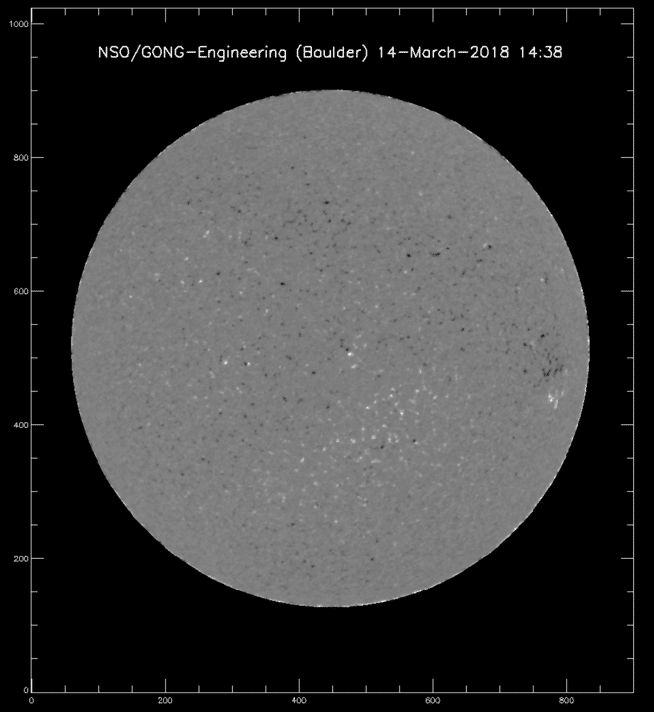 Greyscale, uncalibrated longitudinal magnetogram of the Sun