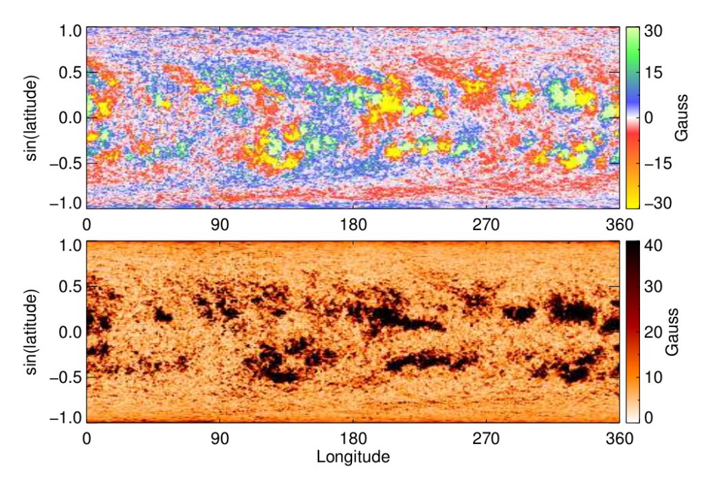 Figure 1: Photospheric magnetic flux density distribution (top) and corresponding uncertainty map (bottom) for Carrington rotation 2137. Both charts were computed using Fe I 630.15 nm SOLIS/VSM full disk magnetic observations. The top image has been scaled between ± 30 Gauss to better show the distribution of the weak magnetic flux density field across the map. The actual flux density distribution, however, covers a much larger range of field values - up to several hundred Gauss.