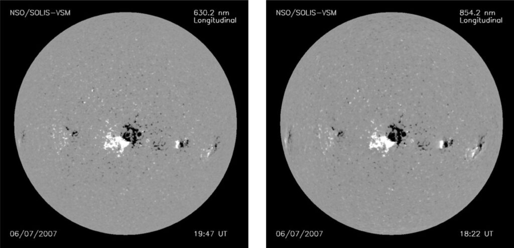 Figure 1: Full-disk, line-of-sight magnetograms of the solar photosphere (left) and chromosphere (right) taken approximately one hour apart.