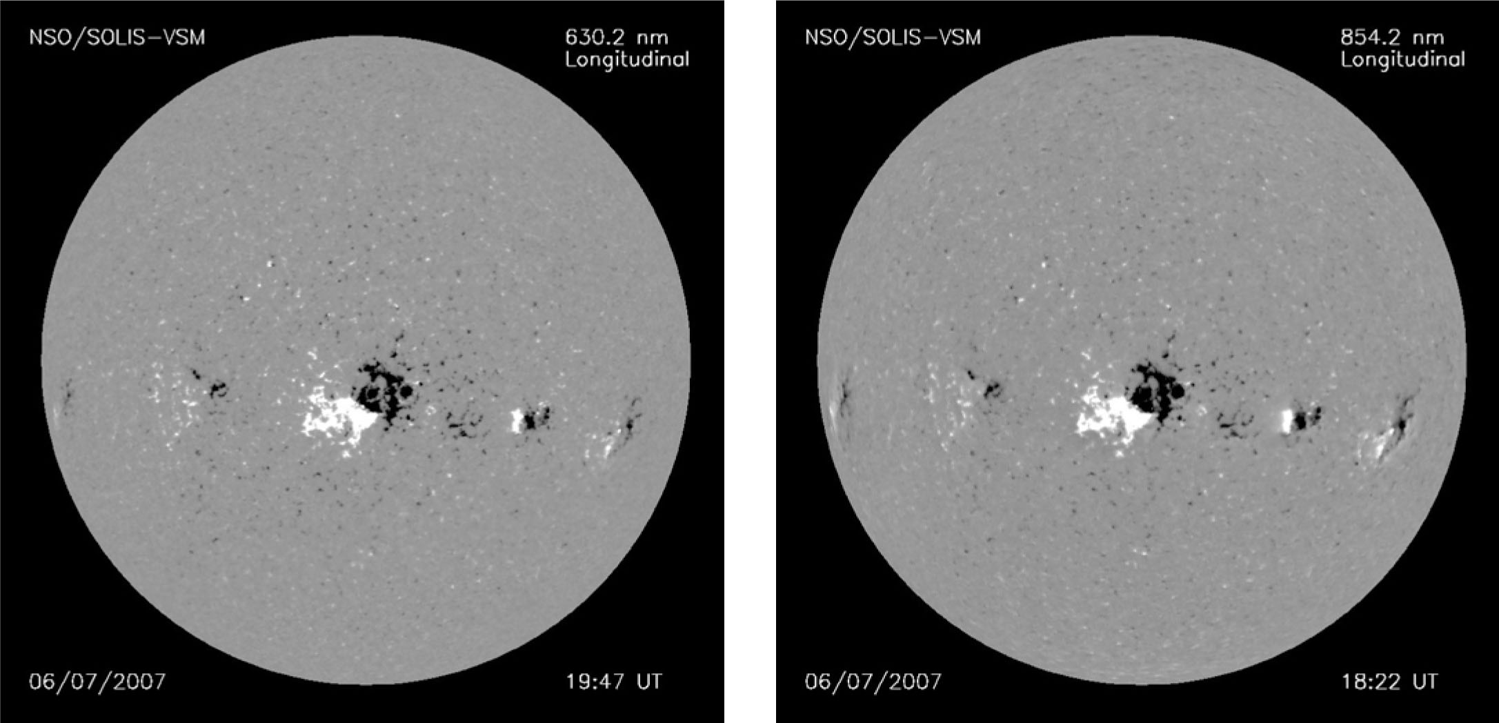 Figure 1: Full-disk, line-of-sight magnetograms of the solar photosphere (left) and chromosphere (right) taken approximately one hour apart.