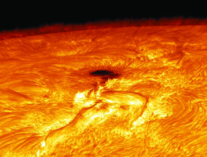 H-alpha image of a sunspot active region near limb. Image taken at the Dunn Solar Telescope using the filter developed for the Visible Broadband Imager instrument on NSF’s Daniel K. Inouye Solar Telescope.