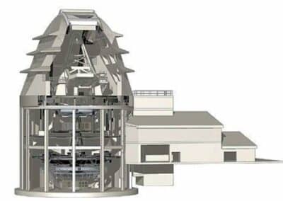 Artist's concept depicts the new single-level coude lab that will sit in the base of the ATST observatory. Despite the loss of one level, the coude lab will provide eight instrument positions on hardened pads, the same as in the prior design. The expanded louvers provide up to 2.5 times as much air flow as the previous design.