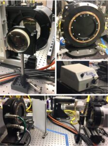 Test Setup: Clockwise from the top left these images show the lens & Balor camera, the rotating polarization modulator stage (PMC) with test mass & white disk fiducial, the LED light source, and the complete setup minus the light source.