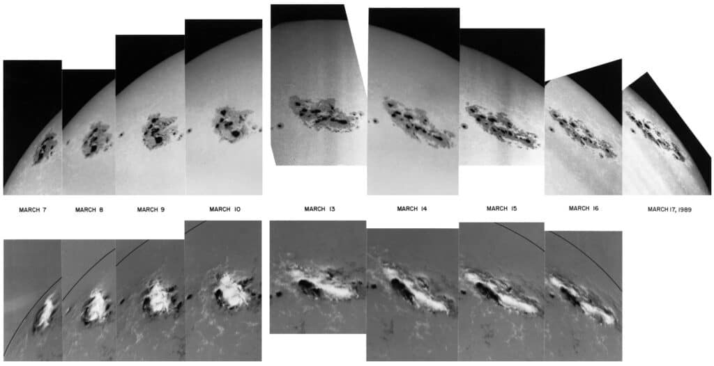 A series of images of the Sun taken 7–17 March 1989 shows the evolution of a large sunspot group (NOAA 5395) as it moves around the Sun. The top sequence, taken in white light, shows the sunspot as it appears in the photosphere (solar visible surface). The bottom images are magnetograms of the same sunspot region, showing variations in magnetic polarity. During its disk passage, this active region produced more than 100 X-ray flares, including 11 flares in the most powerful X class. This eruptive activity was the cause of the “great geomagnetic storm” of 13–14 March, which affected radio communications and satellite operations and caused the famous Quebec blackout on 13 March 1989. See Allen et al. [1989] for a detailed description of solar and geomagnetic activity associated with this active region.