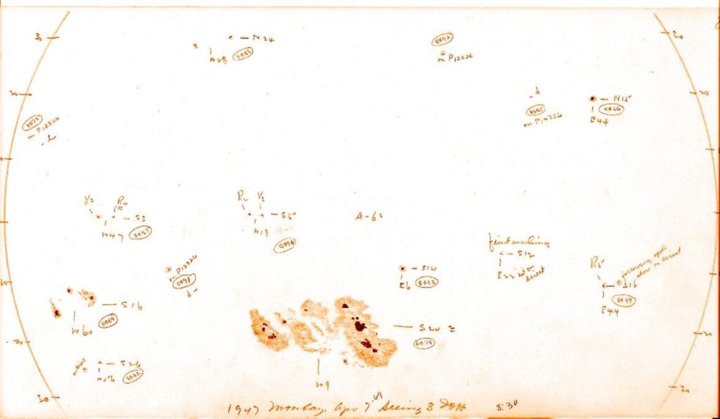 This sunspot drawing shows one of the largest sunspot groups observed over the past 100 years. Observations were taken on 7 April 1947 at Mount Wilson Observatory in California. Solar north is toward the top of the drawing, and solar west is to the left. Markings on the drawings indicate the positions and magnetic fields of all sunspots measured that day. Credit: Carnegie Observatories