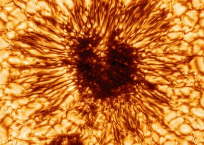 The dark, mottled center of a heart-shaped sunspot is surrounded by the streaking, spidery penumbra and the blotchy, cellular granules of the solar surface. The image is colored shades of orange and brow that enhance the images dimensional feel