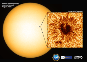 The first sunspot image taken on January 28, 2020 by the NSF’s Inouye Solar Telescope’s Wave Front Correction context viewer is shown against an image of the full disk of the Sun from the GONG network of telescopes from the National Solar Observatory.   The sunspot image inset is about 11,300 miles square, or 18,125 kilometers. The sunspot itself is about 3,700 miles, or about 6000 kilometers, across.