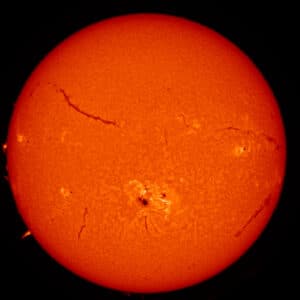 H-alpha image of activity in the Sun's chromosphere from GONG, now being processed through NOAA SWPC. or H-alpha image of activity in the Sun's lower atmosphere from GONG, now being processed through NOAA SWPC. Credit: NSO/AURA/NSF with contribution from NOAA