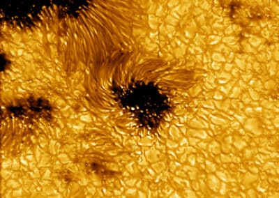 A newly released high-resolution image of solar sunspots captured by the Inouye Solar Telescope on May 11, 2021 (not from the first science observation). The data leading to this image were acquired with the Visible Broadband Imager blue channel at a wavelength of 450 nanometers.