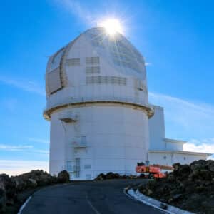 The U.S. NSF’s Daniel K. Inouye Solar Telescope pictured near the summit of Haleakalā, Maui, Hawaiʻi. Observations are conducted here while data is transferred and calibrated at the Daniel K. Inouye Solar Telescope Data Center at the NSFʻs National Solar Observatory headquarters in Boulder, Colorado. Image credit: NSO/AURA/NSF