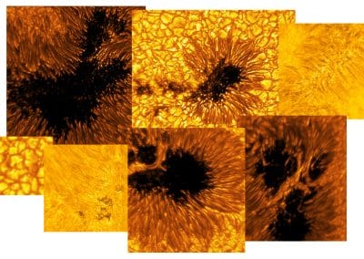 A mosaic of new solar images produced by the Inouye Solar Telescope was released today, previewing solar data taken during the telescope’s first year of operations during its commissioning phase. Images include sunspots and quiet-Sun features. Credit: NSF/AURA/NSO