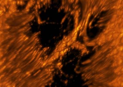 A light bridge is seen crossing a sunspot’s umbra from one end of the penumbra to the other. Light bridges are believed to be the signature of the start of a decaying sunspot, which will eventually break apart. Light bridges are very complex, taking different forms and phases. It is unknown how deep these structures form. This image shows one example of a light bridge in remarkable detail. Umbra: Dark, central region of a sunspot where the magnetic field is strongest. Penumbra: The brighter, surrounding region of a sunspot’s umbra characterized by bright filamentary structures. Image Title: A Light Bridge Captured in a Sunspot PID: PID_1_50 Large Field of View: 30,720km x 30,720km Image Credit: NSF/AURA/NSO Image Processing: Friedrich Wöger(NSO), Catherine Fischer (NSO) Science Credit: Tetsu Anan (NSO)