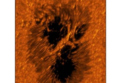 A light bridge is seen crossing a sunspot’s umbra from one end of the penumbra to the other. Light bridges are believed to be the signature of the start of a decaying sunspot, which will eventually break apart. Light bridges are very complex, taking different forms and phases. It is unknown how deep these structures form. This image shows one example of a light bridge in remarkable detail. Umbra: Dark, central region of a sunspot where the magnetic field is strongest. Penumbra: The brighter, surrounding region of a sunspot’s umbra characterized by bright filamentary structures. Image Title: A Light Bridge Captured in a Sunspot PID: PID_1_50 Large Field of View: 30,720km x 30,720km Image Credit: NSF/AURA/NSO Image Processing: Friedrich Wöger(NSO), Catherine Fischer (NSO) Science Credit: Tetsu Anan (NSO)