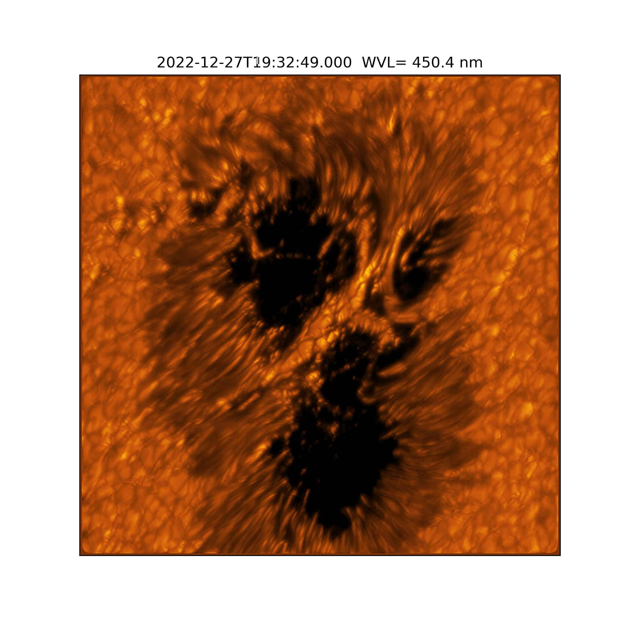 A light bridge is seen crossing a sunspot’s umbra from one end of the penumbra to the other. Light bridges are believed to be the signature of the start of a decaying sunspot, which will eventually break apart. Light bridges are very complex, taking different forms and phases. It is unknown how deep these structures form. This image shows one example of a light bridge in remarkable detail. Umbra: Dark, central region of a sunspot where the magnetic field is strongest. Penumbra: The brighter, surrounding region of a sunspot’s umbra characterized by bright filamentary structures. Image Title: A Light Bridge Captured in a Sunspot PID: PID_1_50 Large Field of View: 30,720km x 30,720km Image Credit: NSF/AURA/NSO Image Processing: Friedrich Wöger(NSO), Catherine Fischer (NSO) Science Credit: Tetsu Anan (NSO)