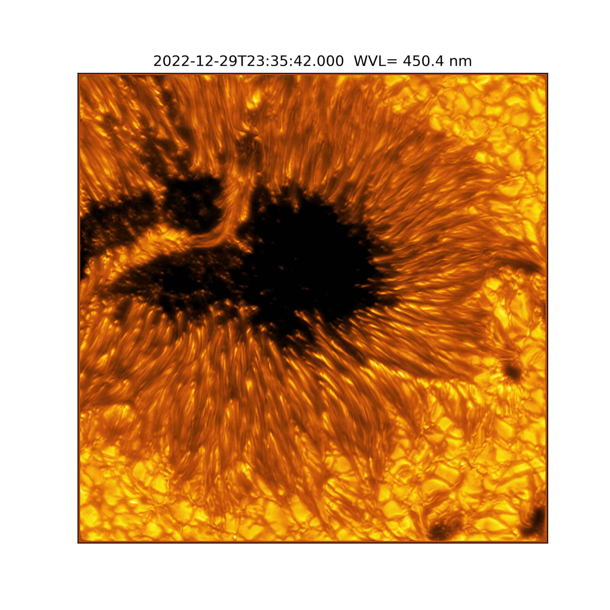 A detailed example of a light bridge crossing a sunspot’s umbra. In this picture, the presence of convection cells surrounding the sunspot is also evident. Hot solar material (plasma) rises in the bright centers of these surrounding “cells,” cools off, and then sinks below the surface in dark lanes in a process known as convection. The detailed image shows complex light bridge and convection cell structures on the Sun's surface or photosphere. Light bridge: A bright solar feature that spans across an umbra from one penumbra to the other. It is a complex structure, taking different forms and phases, and is believed to be the signature of the start of a decaying sunspot. Umbra: Dark, central region of a sunspot where the magnetic field is strongest. Image Title: Properties of Convection Cells and Light Bridge Seen Around a Sunspot PID: PID_1_29 Large Field of View: 30,720km x 30,720km Image Credit: NSF/AURA/NSO Image Processing: Friedrich Wöger(NSO), Catherine Fischer (NSO) Science Credit: Philip Lindner at Leibniz-Institut für Sonnenphysik (KIS)