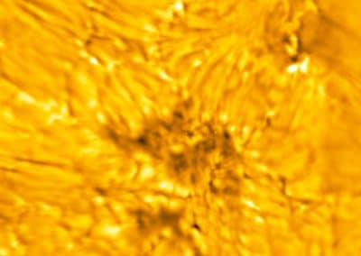 The lower atmosphere (chromosphere) of the Sun exists above the Sun’s surface (photosphere). In this image, dark, fine threads (fibrils) are visible in the chromosphere emanating from sources in the photosphere - notably, the dark pores/umbral fragments and their fine structure. A pore is a concentration of magnetic field where conditions are not met to form a penumbra. Pores are essentially sunspots that have not had or will never have a penumbra. Penumbra: The brighter, surrounding region of a sunspot’s umbra characterized by bright filamentary structures. Image Title: Pores/Umbral Fragments, Fibrils, and other Fine-Structure in the Sun’s Atmosphere and Surface PID: PID_1_16 Image Credit: NSF/AURA/NSO Image Processing: Friedrich Wöger(NSO), Catherine Fischer (NSO) Science Credit: Juan Martínez-Sykora (Bay Area Environmental Research Institute)