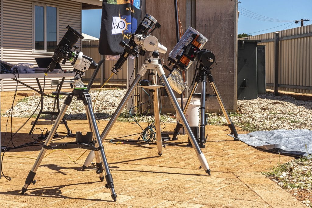 From left to right, camera with tracker, Gosain’s CATE2024 setup and Reardon’s spectrograph experiment ready for the total solar eclipse on April 20, 2023. Credit: John Williams/NSO/AURA/NSF