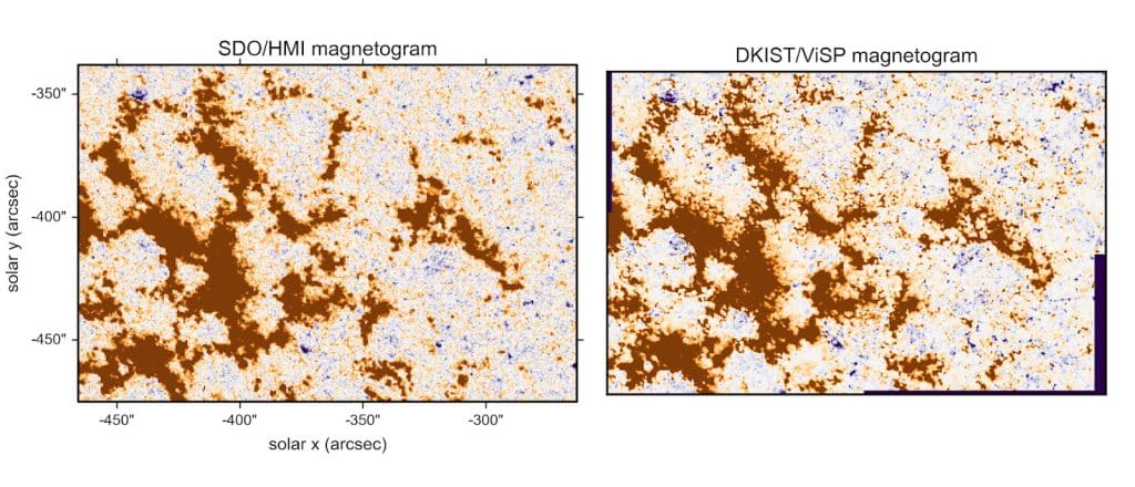 Low-resolution (photospheric) magnetogram (a map of the magnetic field along the line of sight) as routinely provided by the Solar Dynamic Observatory’s Helioseismic and Magnetic Imager (SDO/HMI; left) compared to the one obtained from DKIST’s ViSP (right), showcasing the high-resolution capabilities of the DKIST observations (1 arcsec = 720 km; orange = negative polarity; blue = positive polarity). DKIST is highly sensitive to small-scale magnetic field elements that were previously challenging to observe. Credit: SDO/HMI (left) NSO/AURA/NSF (right)