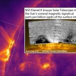 The NSF Daniel K. Inouye Solar Telescope presents its first map of the solar coronal magnetic field signals as measured using the Zeeman Effect. The Zeeman Effect polarizes the coronal emission, which requires the advancements of the Inouye Solar Telescope to measure as its signals are only a few parts per billion of the Sun’s surface brightness. The background image identifies the region observed in detail by Inouye as imaged by NASA’s Solar Dynamics Observatory in ultraviolet light. Credit: NSF/NSO/AURA