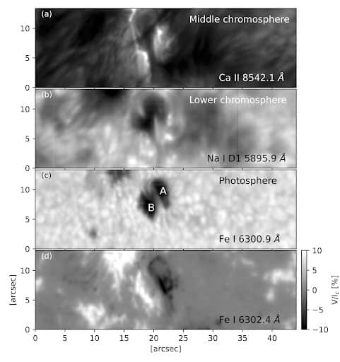 These four images show the same slice of the Sun’s atmosphere. These intensity maps show three different heights between the photosphere and the middle chromosphere (a–c). The ViSP instrument at the Inouye took measurements at 20:09 UT on May 3, 2023. Panel (d) shows the Stokes V signal (proxy of magnetic field) in the photosphere at the wavelength of Iron (Fe I) at 6302.4 angstroms (Å). Note one arcsec is equivalent to 725 km. Credit: NSF/NSO/AURA/DKIST